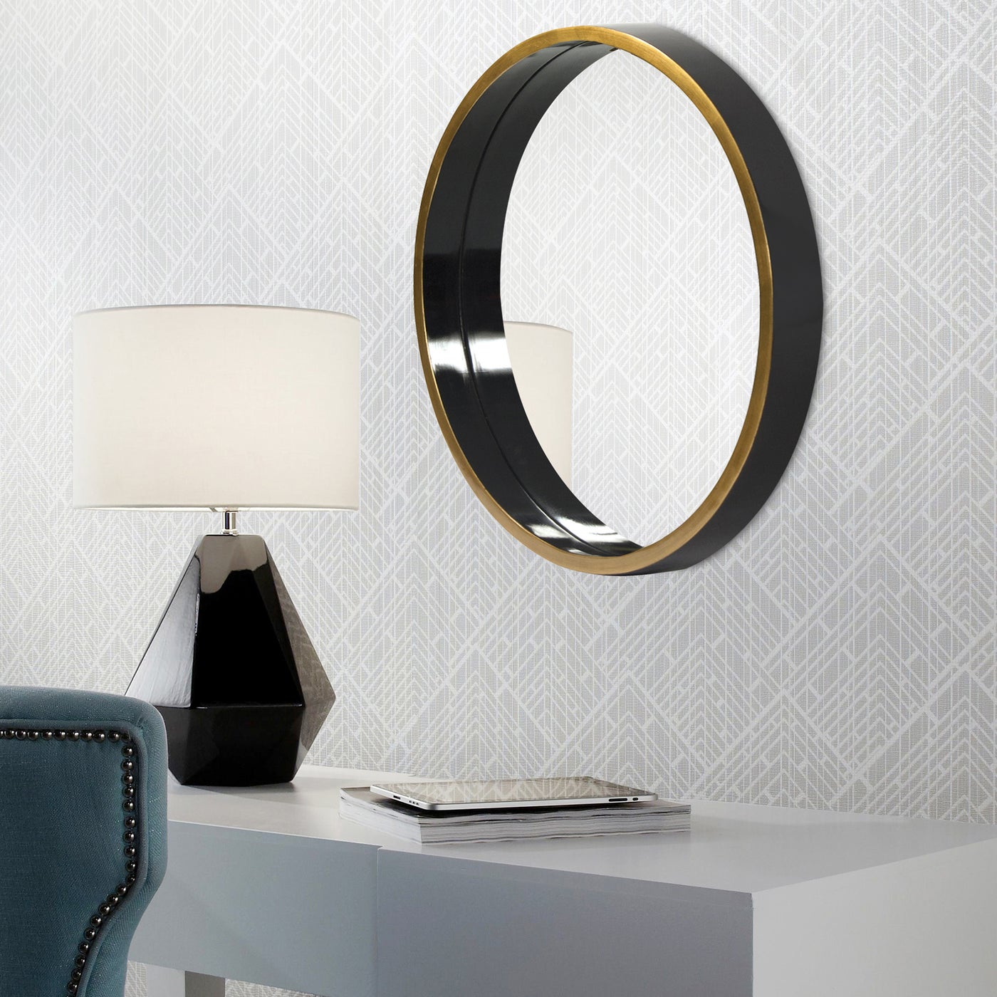 Glossy Black Lacquer Round Mirror