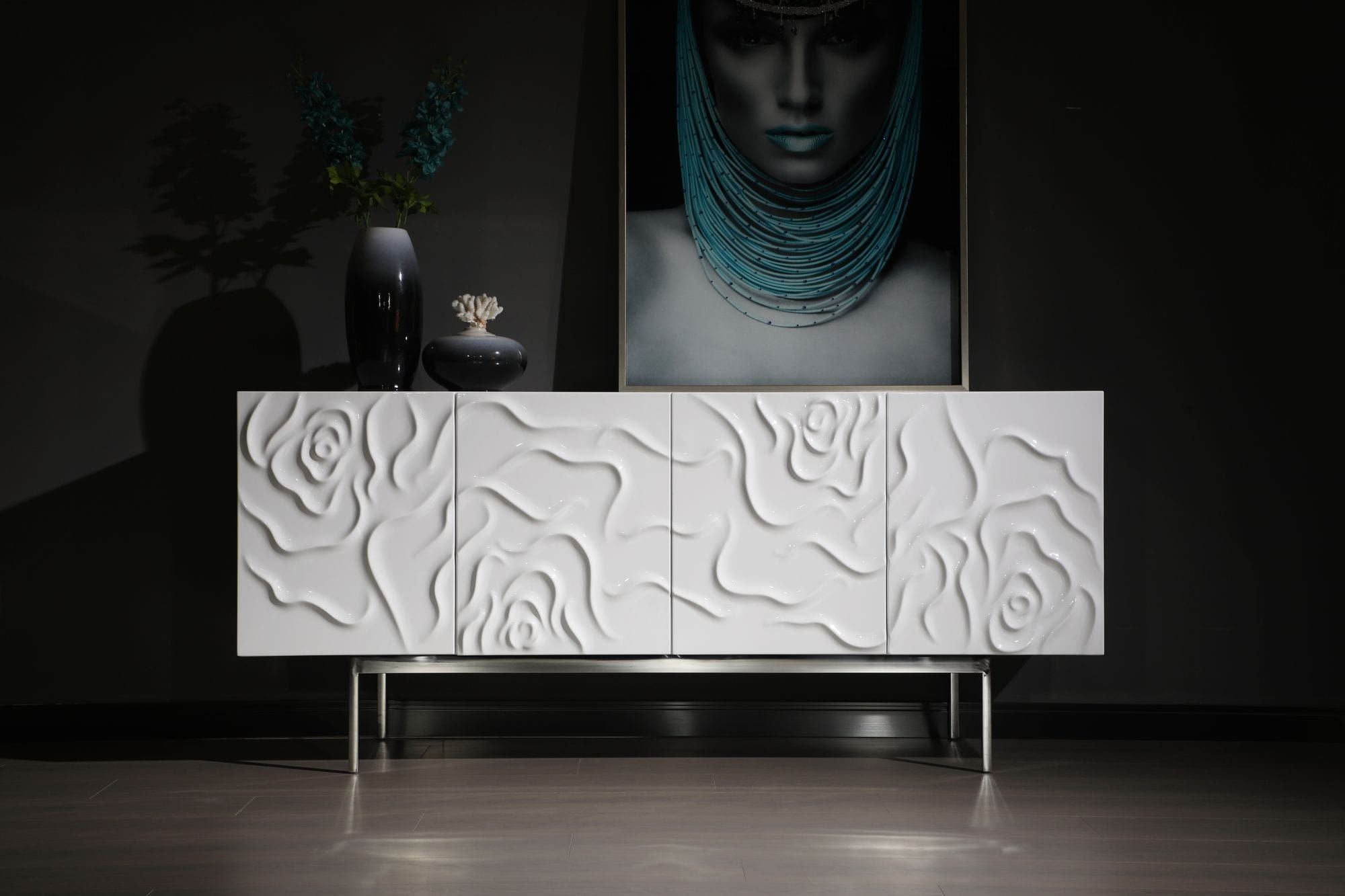 Carved Rose High Gloss Sideboard